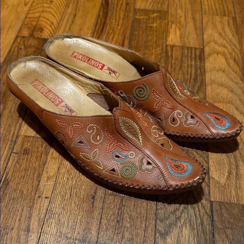 PIKOLINOS Leather Moccasin Mules with Decorative Stitching - Brown Multi size 37 - Picture 10 of 10